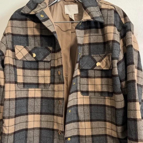 H&M Plaid Shacket Jacket Womens Large Beige Gray Button Front Flannel Coat - Picture 2 of 8